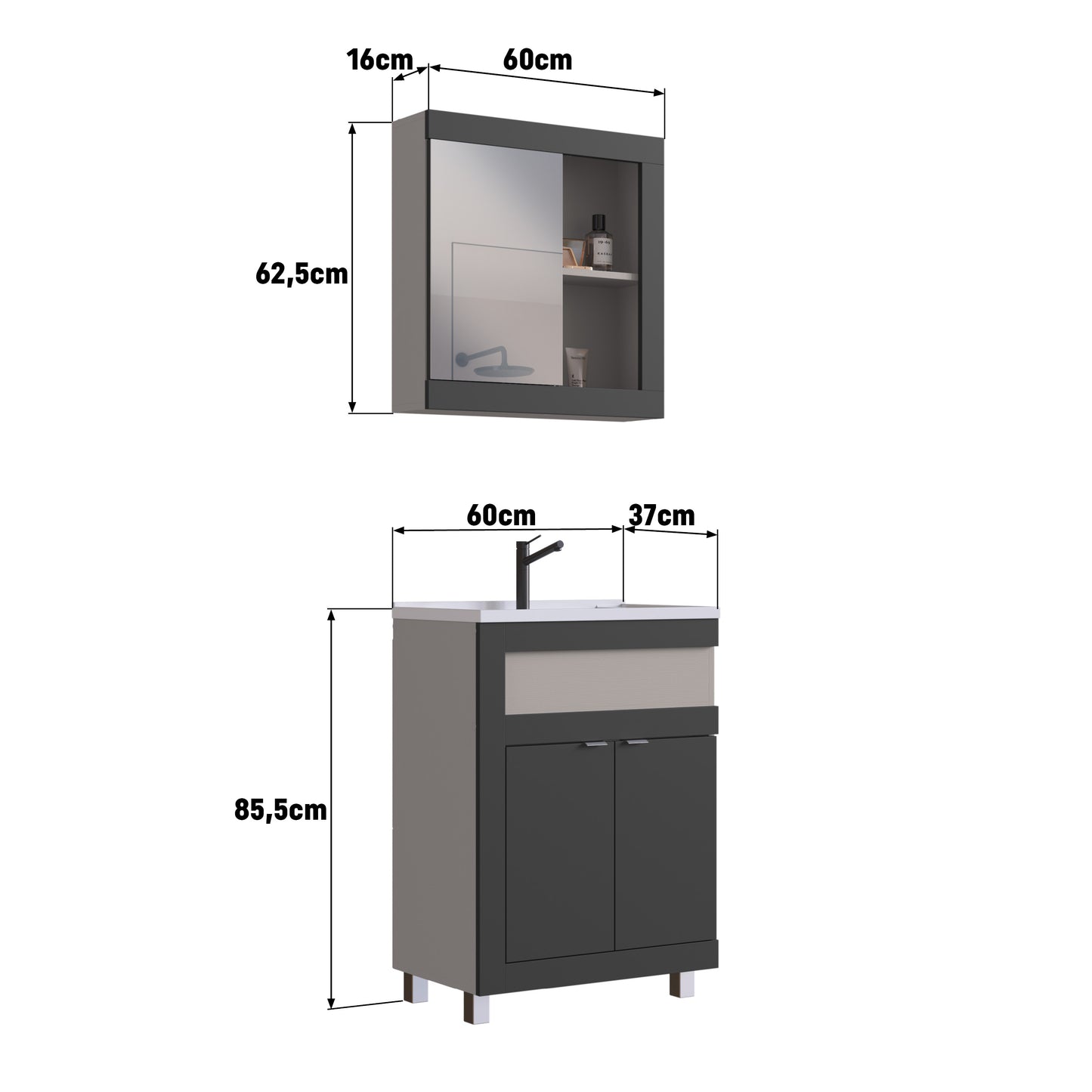 Mueble De Baño + Bacha En Marmolina + Botiquin Espejo