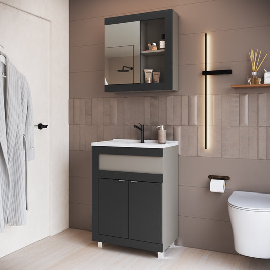 Mueble De Baño + Bacha En Marmolina + Botiquin Espejo