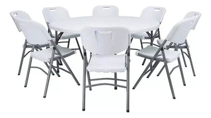 Juego Jardin Patio Plegable Mesa Redonda 1,50 Mt + 8 Sillas Blanco
