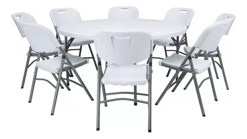 Juego Jardin Patio Plegable Mesa Redonda 1,50 Mt + 8 Sillas Blanco