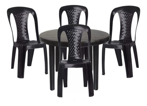 Juego Jardin Plastico Negro Mesa Redonda 94 Cm + 4 Sillas Negro
