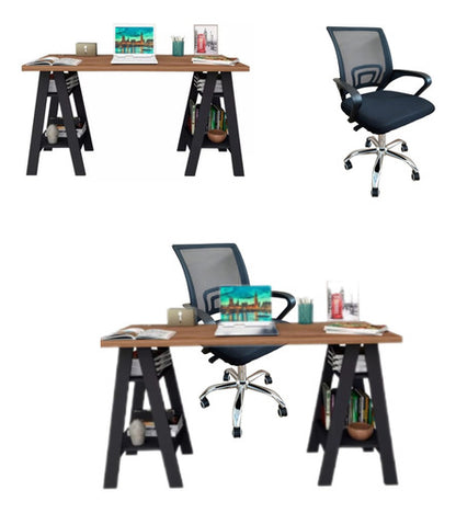 Set Escritorio Doble Caballete + 1 Silla Oficina C/ Ruedas Negro