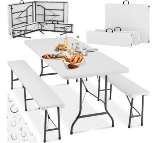 Set Plegable Valija Mesa 1.80 + 2 Bancos 1.83 Camping Jardin Blanco