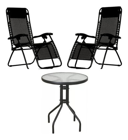 Juego Jardin 2 Sillas Reposeras+ 1 Mesa Redonda Vidrio 60 Cm Negro