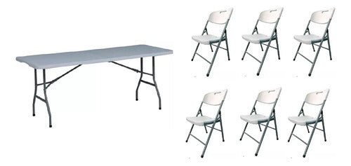 Juego Jardin Plegable Mesa Valija 1.80 + 6 Sillas Camping Blanco