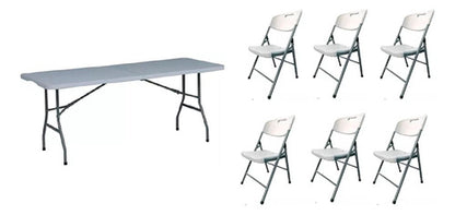 Juego Jardin Plegable Mesa Valija 1.80 + 6 Sillas Camping Blanco