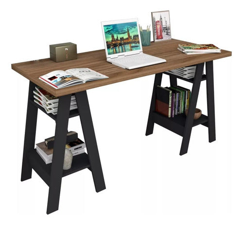 Set Escritorio Doble Caballete + 1 Silla Oficina C/ Ruedas Negro