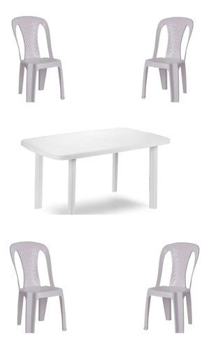 Juego Jardin Patio Plastico Mesa Rectangular + 4 Sillas  Blanco