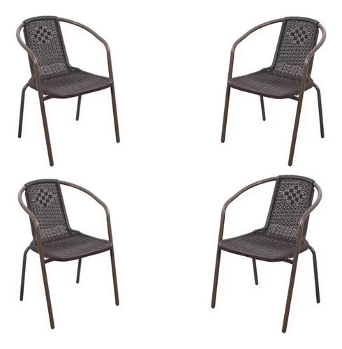 Set 4 Sillas Jardin Metal Negra Y Plástico Símil Ratan Negro Rayas