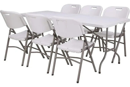 Juego Jardin Plegable Mesa Valija 1.80 + 6 Sillas Camping Blanco