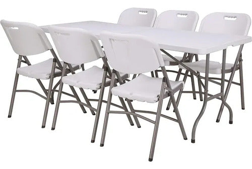 Juego Jardin Plegable Mesa Valija 1.80 + 6 Sillas Camping Blanco