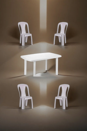 Juego Jardin Patio Plastico Mesa Rectangular + 4 Sillas  Blanco