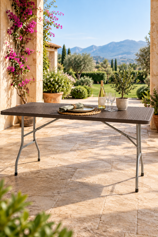 Mesa plegable símil ratán marrón
