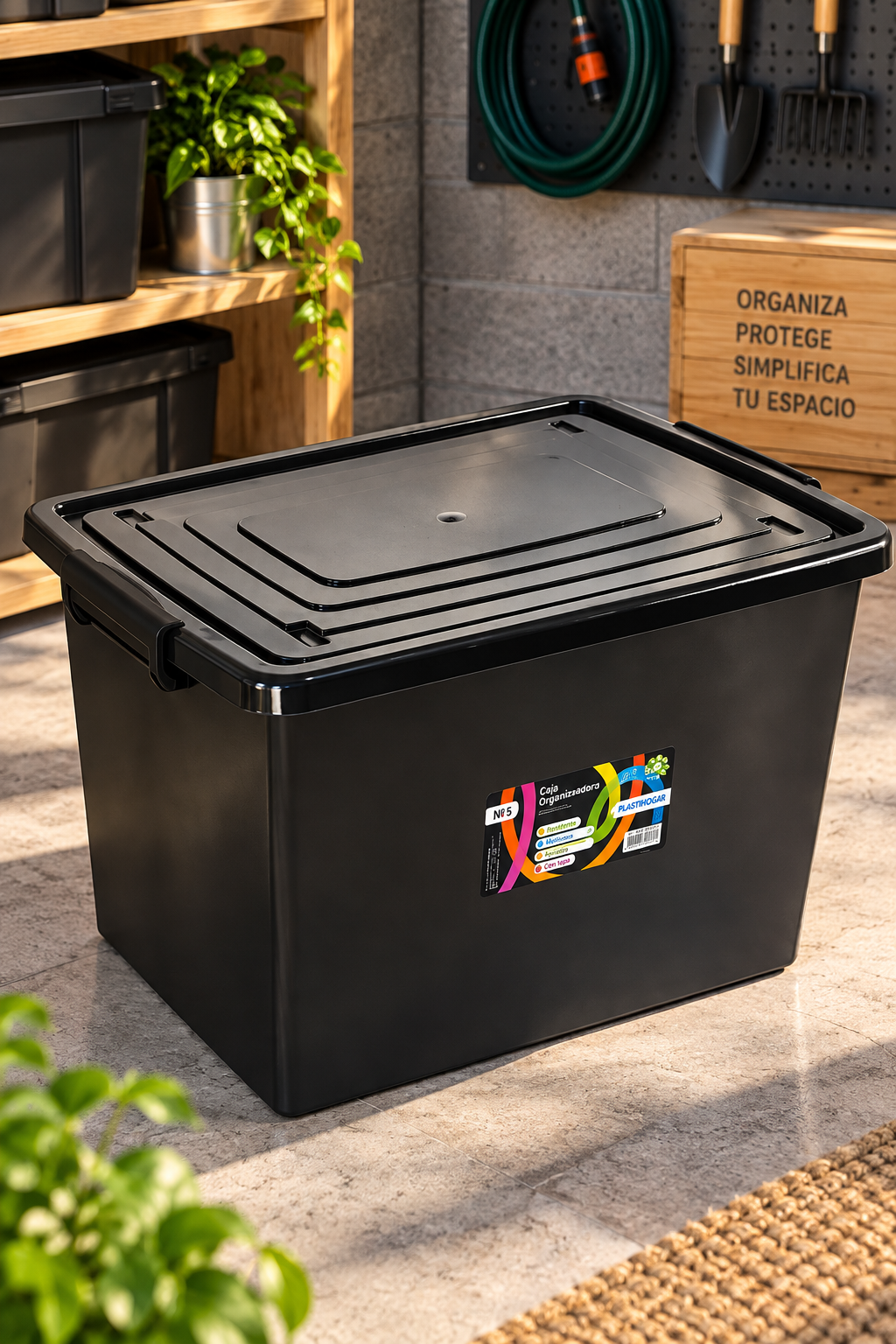 Caja Organizadora Con Tapa Negra De 56 Litros